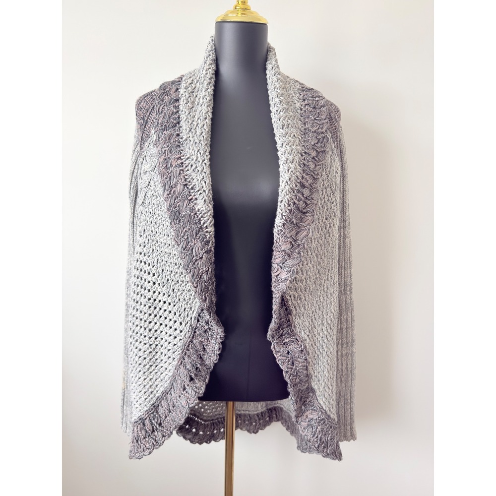 Cabi Grey Mauve Open Front Mixed Knit Cardigan Sweater Shawl Collar Large L